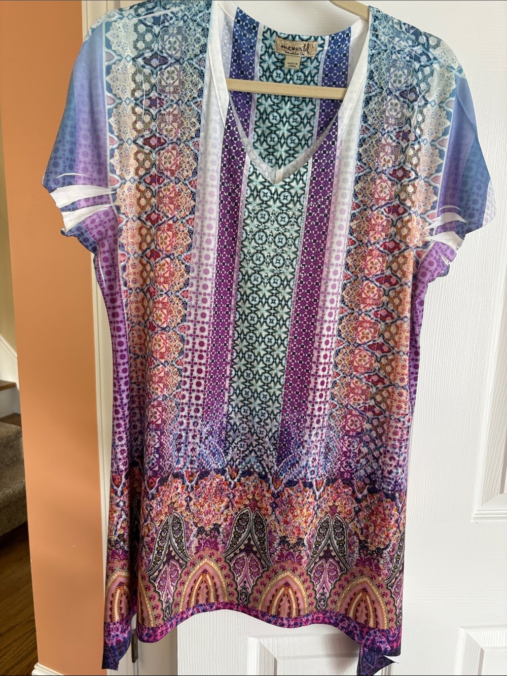 ONE WORLD Purple Multi-Pattern Short Sleeve Blouse
